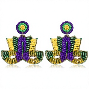 Purple Green Gold <b>Beaded</b> Silver Plated Flower Design Drop Earrings for Women Festive Accessory for <b>Mardi</b> <b>Gras</b> Carnival Parades - Product Image 3