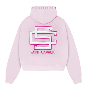 Sudadera con capucha rosa claro extragrande para hombre con cremallera, logotipo personalizado, adornos de perlas y piedras, ropa urbana gráfica, ODM OEM al por mayor - Product Image 2