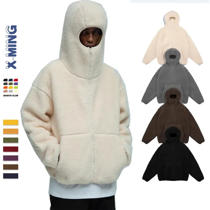 Sweats à capuche zippés en polaire lourde avec logo personnalisé, veste à capuche en polaire sherpa, sweat à capuche ninja à col haut épais, vente en gros