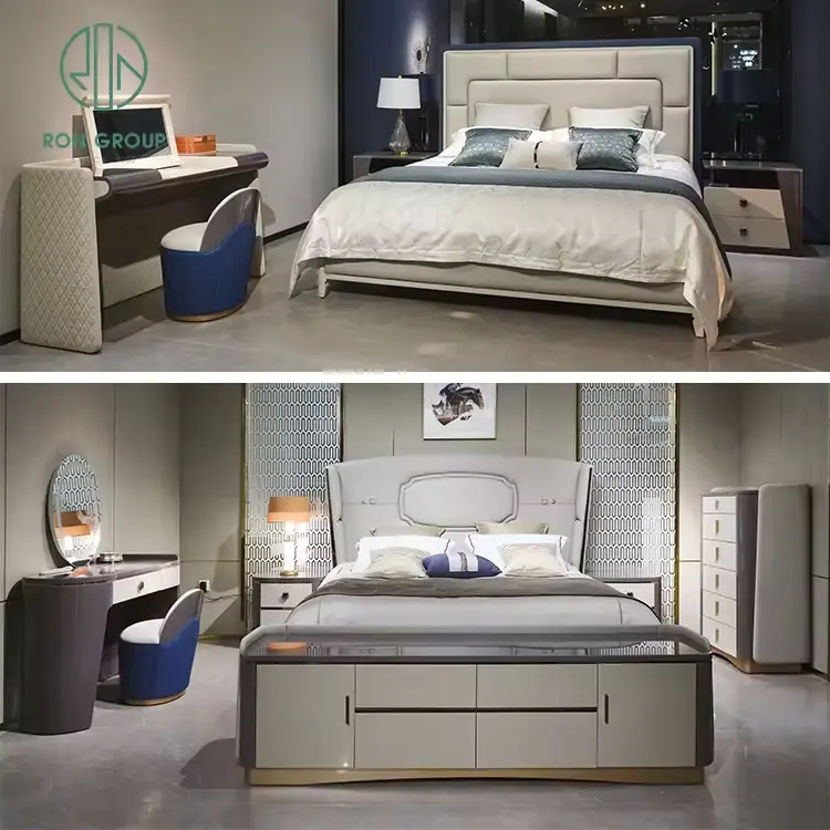 カスタマイズされた色モダンデザイナーライト高級ヴィラゴルフレザーチーク木製フレーム寝室家具キングサイズスマートベッド