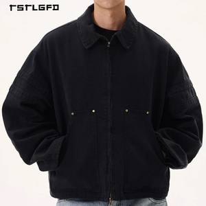 High Quality Khaki Utility Jacket Round Collar Wooden <b>Button</b> Front Two Patch Pockets Hem Drawstring Oversized Fit Jacket - Product Image 1