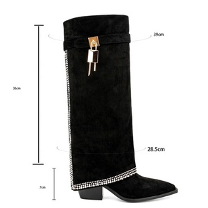 Shark Lock Soft Flock Long Booties Overlay Women's Bling Diamonds Knee High <b>Boots</b> Low Square Heels Shoes Big Size 45 Wide Fit - Product Image 3