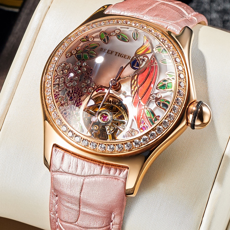 Reef Tiger Luxury Women's Watches - Pink Dial & Leather Strap
