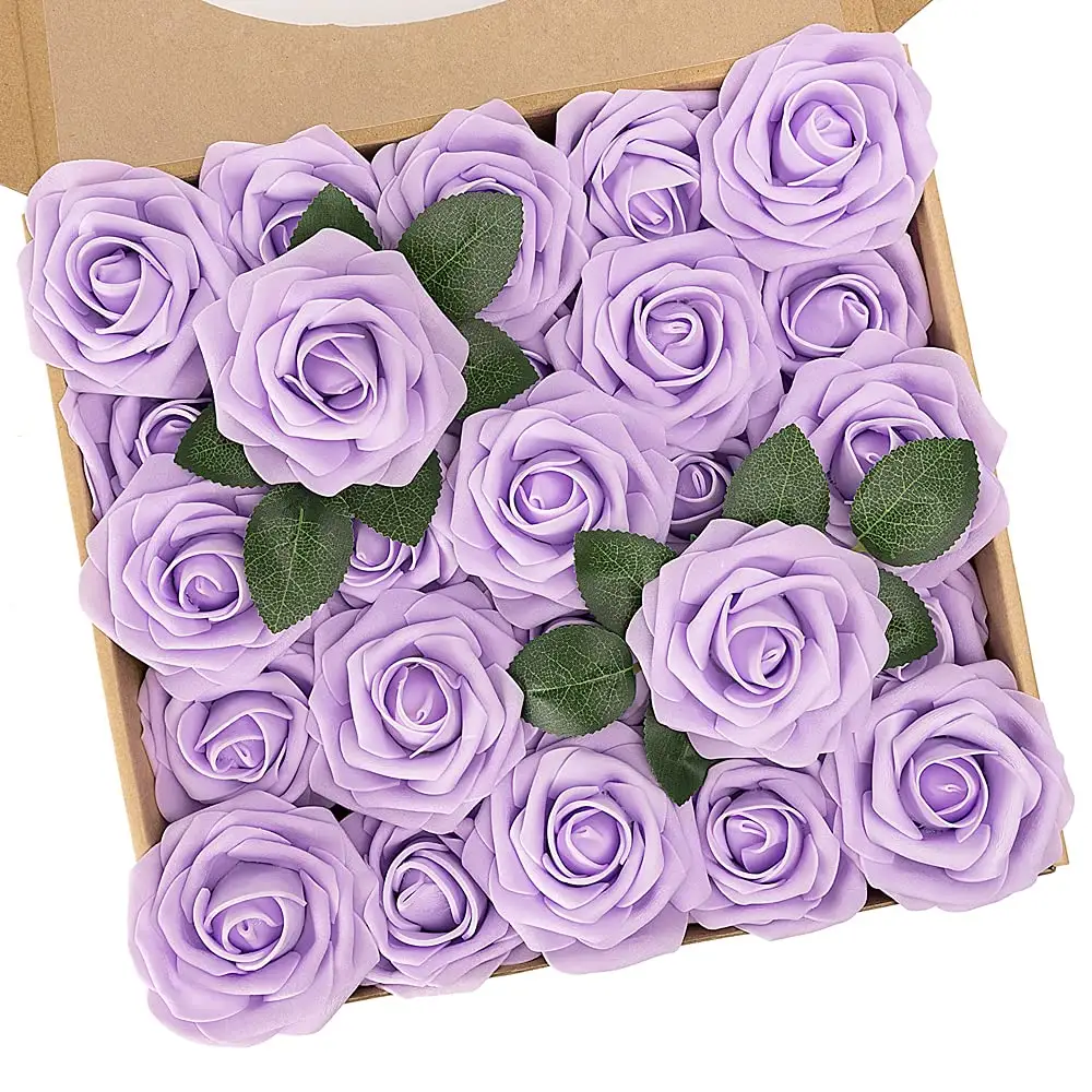 Artificial Flowers, 25pcs Faux Flowers Foam Roses with Stem for DIY Wedding Bridal Bouquet Home Decoration