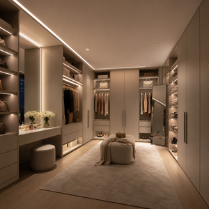 Dressing avec rangements intégrés, tiroirs, zone de suspension ouverte et meuble de toilette sur mesure pour projets de chambre à coucher - Product Image 5