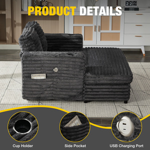 Chaise longue moderne en velours côtelé doux, surdimensionnée pour salon, bureau à domicile, avec porte-gobelets, poches latérales et USB - Product Image 6