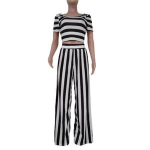 Ensemble deux pièces pour femmes, haut court rayé décontracté élégant d'été avec pantalon large - Product Image 2