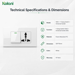 ปลั๊กไฟติดผนังแบบโมดูลาร์ Kolani, สวิตช์ไฟ LED แบบฝัง 120 ช่อง + เต้ารับไฟฟ้า 3 ขาแบบมาตรฐานสากล - Product Image 5