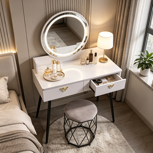 Modern Makeup <b>Vanity</b> With Lighted Mirror Storage Drawers Bedroom Dressing <b>Table</b> With Stool - Product Image 6