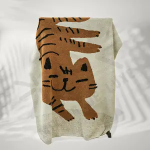 Tiger Cartoon Ultra Soft Half Fleece Chunky Plush Jacquard Woven Cotton Cable Knit Bed Blanket Wearable Fiesta