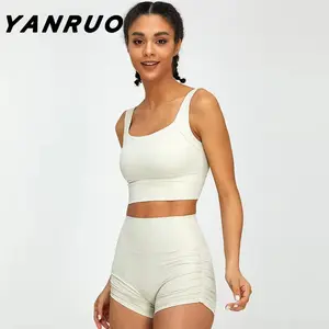 YanRuo 2 חלקים אימון אקטיביים מצולעים ווסט מכנסיים קצרים סטים חליפות יוגה כושר לנשים