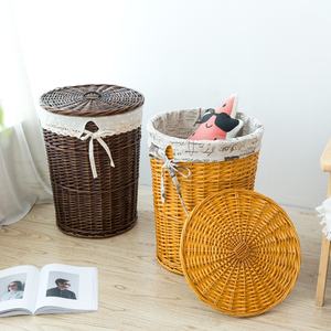 Panier de rangement rond <span class=keywords><strong>en</strong></span> rotin tissé à la main, panier à linge <span class=keywords><strong>en</strong></span> osier, bac à linge avec couvercle - Product Image 2