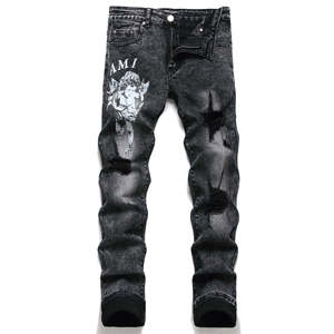 Jeans <span class=keywords><strong>Skinny</strong></span> Elasticizzati Neri Strappati da <span class=keywords><strong>Uomo</strong></span> RUICHI - <span class=keywords><strong>Pantaloni</strong></span> in Denim con Stampa Angelo per Moda Streetwear - Product Image 6