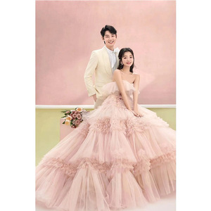 Pink Strapless Ball Gown Tulle Wedding Dress Empire Waistline Elegant Banquet Style - Product Image 1