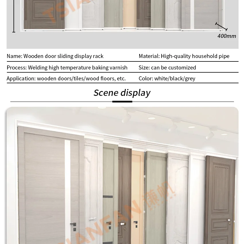 Tsianfan New Design Custom Slider Wooden Cabinet Door Sample Display Rack With Door Frame Sliding Doors Display Stand Exhibition