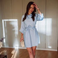 Robe décontractée bleu clair unie pour femme, col bénitier, manches longues, en satin, courte, avec ceinture à nouer, vente en gros
