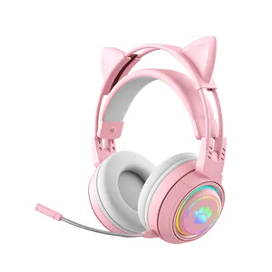 Earphone atas telinga, lampu RGB kucing lucu pengurang kebisingan 3D Bass Surround Sound Headset Gamer anak perempuan untuk PC Game PS4 PS5