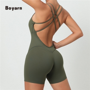 Boyarn จั๊มสูทขาสั้นสำหรับผู้หญิง, จั๊มสูทขาสั้นสำหรับใส่เล่นกีฬาก้นสีพีชมีสายคล้องไหล่สองข้างเพื่อความสวยงามด้านหลัง - Product Image 1