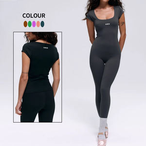 <span class=keywords><strong>Body</strong></span> personnalisé une pièce en nylon Spandex pour femmes Gym Workouts Jumpsuit Barboteuses à manches courtes Yoga Running Sports Bodys - Product Image 2