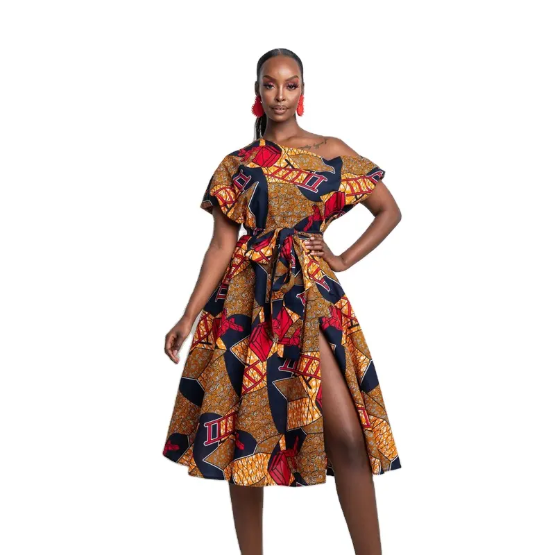 अफ्रीकी प्रिंट महिलाओं के कपड़े एक कंधे अंकारा कपास मध्य लंबाई महिलाओं पोशाक गर्मियों के लिए