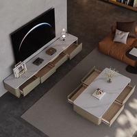 Ensemble Table Basse et Meuble TV Haut de Gamme en Dalle de Roche, Style Nordique Moderne et Luxueux, Design Contemporain, Rangement Durable pour Petits Appartements