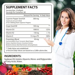 Cápsulas de Pimienta Cayena 12 en 1 con Vitaminas E, D3+K2, Semilla de Uva y Remolacha, Suplemento que Favorece la Salud del Corazón y los Vasos Sanguíneos - Product Image 2