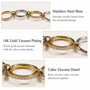 Linked Multi <b>Ring</b> Stainless Steel Cubic Zirconia 14K Gold Vacuum Plated Gold Silver Connected <b>Statement</b> <b>Ring</b> - Product Image 3
