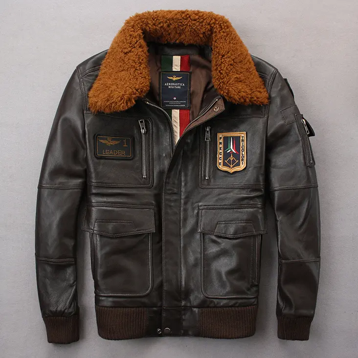 OEM collo di pelliccia personalizzato giacca invernale in vera pelle di pecora spessa giacca da uomo in vera pelle marrone pilota nero per uomo