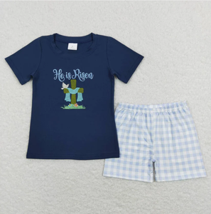 Ropa Infantil de Verano con Bordado a Rayas Rosa y Azul, Diseño de Cruz de Pascua, Tema Cristiano, para Hermanos, Venta al por Mayor - Product Image 3