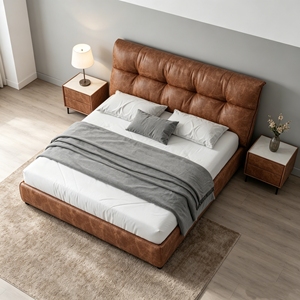 Cama matrimonial de cuero genuino color camel con caja de almacenamiento alta, para <span class=keywords><strong>dormitorio</strong></span> principal y secundario, con paquete de accesorios suaves. - Product Image 5