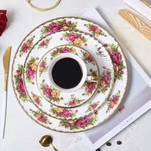 Toptan destek zarif tasarım kabartmalı kemik çin hediye altın jant çay fincanları ve çaydanlık seti