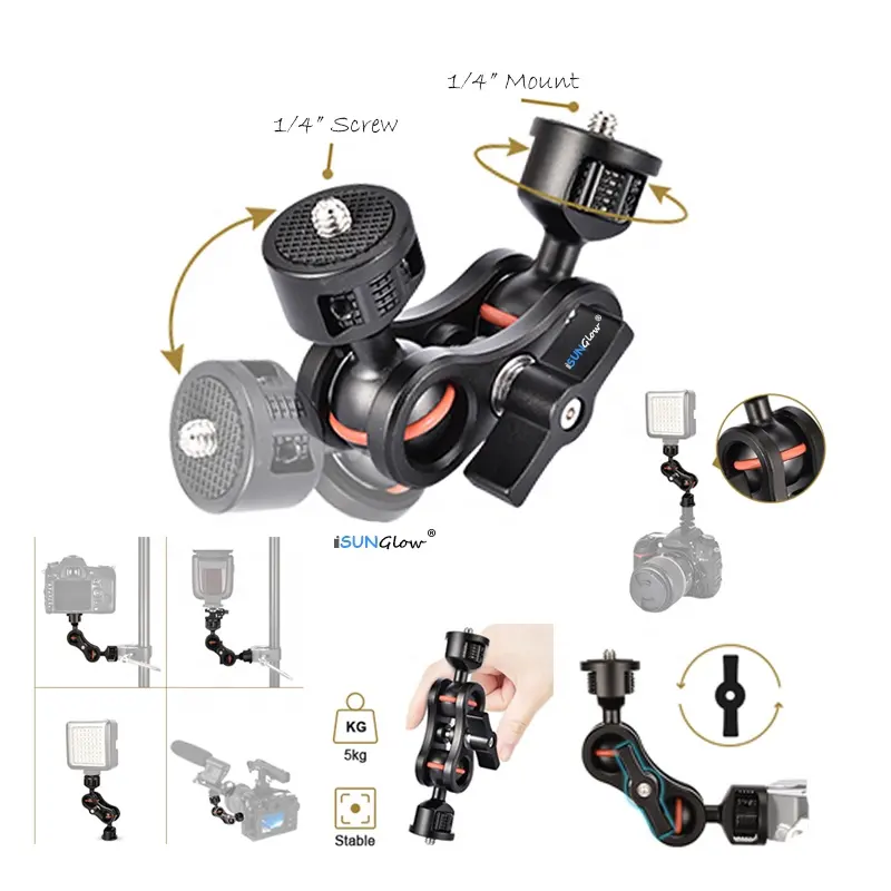 Brazo de cabeza de bola doble 360 rotación brazo mágico 1/4 "soporte de montaje de tornillo Flash luz Zapata Cámara adaptador de tornillo de fijación