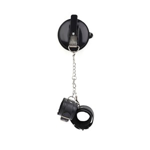 Suction Cup Handcuff <b>Set</b> Black Leather Chain Attached For Adult <b>Bondage</b> Play - Product Image 1