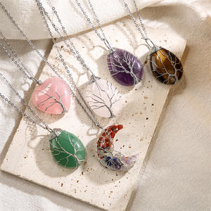 Natural Stone Teardrop Shaped Pendant Link Chain <b>Necklace</b> <b>Rose</b> <b>Quartz</b> Healing <b>Crystal</b> Copper Tree of Life Wire Wrapped <b>Necklace</b> - Product Image 1