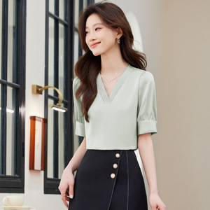 Light Green Chiffon Blouse Women V Neck Short Sleeve Solid Color Elegant Shirt Everyday Wear Polyester Fabric - Product Image 1