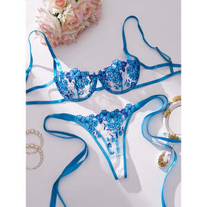 Ensemble soutien-gorge et culotte en dentelle bleue à imprimé floral, tailles XL, M, L, S, lingerie sexy pour femme - Product Image 6