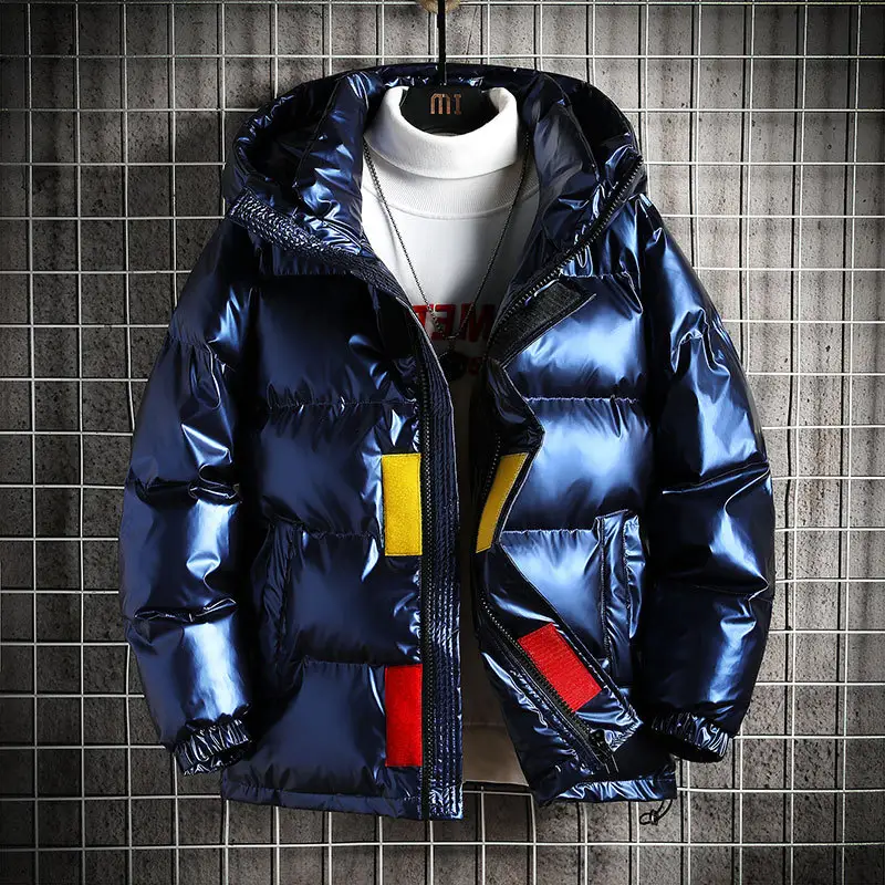 Fashion Down Coat Men's Bright Face Trend Hooded Short Thick Winter Bomber Shiny Puffer Men's Jacket