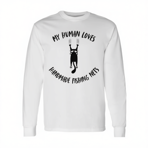T-shirt à manches longues pour parents de chats, avec la phrase « Mon humain aime les filets de pêche faits à la main » - Product Image 2