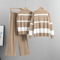 Ensemble Pull Mode Femme avec Débardeur Col Rond et Cardigan Ample Col V, Rayures Longues Taille Haute
