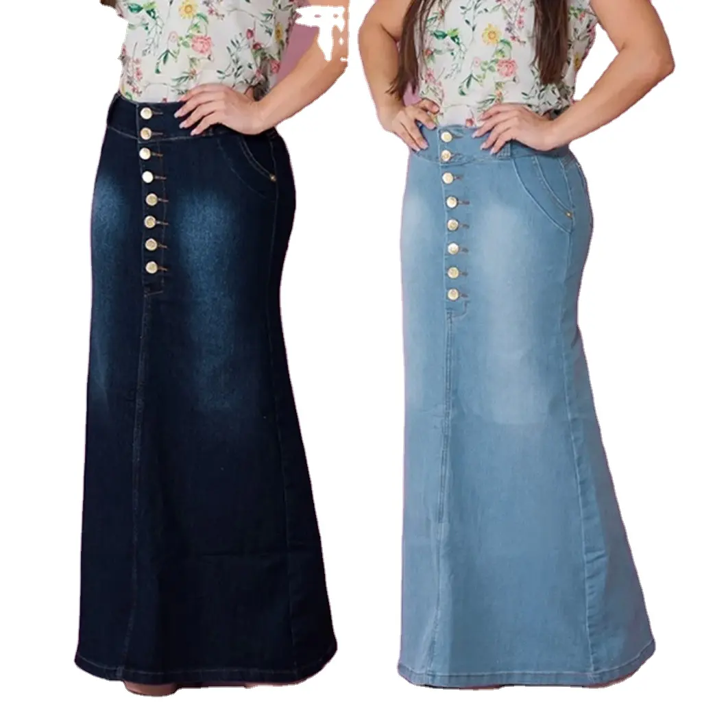 Ön düğme yıkanmış Denim A-line etekler genç kızlar için yüksek belli uzun Jean etek kadınlar için Midi uzunluğu Mujer Mujer Moda