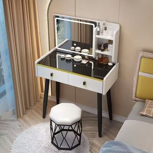 Tocador Moderno y Elegante con Superficie <span class=keywords><strong>de</strong></span> Vidrio, Mesa <span class=keywords><strong>de</strong></span> Maquillaje Blanca y Negra - Product Image 1