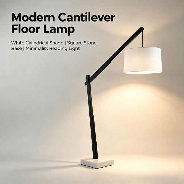 Modern Counterbalance Cantilever Floor Lamp Black Adjustable Swing Arm White Cylinder Fabric Shade Stone Standing Lamp