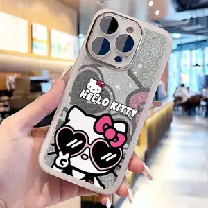 Óculos de sol Hello Kitty Cat com filme de lente Capa de TPU Phone para iPhone 15 14 13 12 11 pro/Pro max