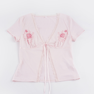 Top Corto con Cuello en V y Bordado Floral Marrón para Mujer, con Ribete de Encaje, Manga Corta, Sexy, para Club, Ajustado, de Poliéster, para Primavera/Verano - Product Image 6