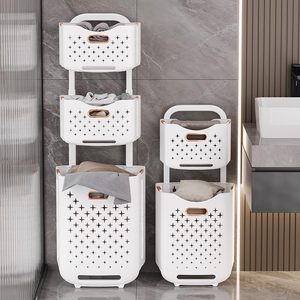 2-Tier Collapsible Breathable Mildew-Proof Eco-Friendly Durable Plastic Laundry <b>Basket</b> with Wheels for Bathroom Clothing Modern - Product Image 3