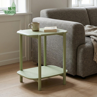 Table d'appoint moderne en bois écologique vert clair avec deux niveaux de rangement, gain de place pour canapé, chambre, table d'angle