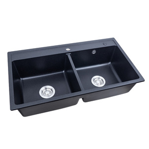 Évier de cuisine Ying Shi en granit noir nacré, double vasque à encastrer, finition mate moderne, bac à légumes SYS8649C - Product Image 5