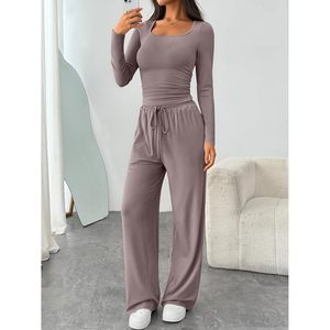 Conjunto de 2 Piezas para Mujer, Pantalones Anchos, Top Corto de Manga Larga con Bolsillos, Chándal Informal para Todas las Temporadas, Tejido Transpirable - Product Image 3