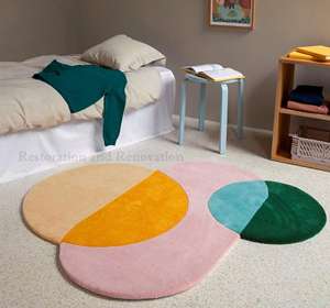 Tapis en laine à motifs géométriques circulaires - Design moderne, écologique, adapté aux animaux domestiques, antidérapant, lavable - Product Image 2