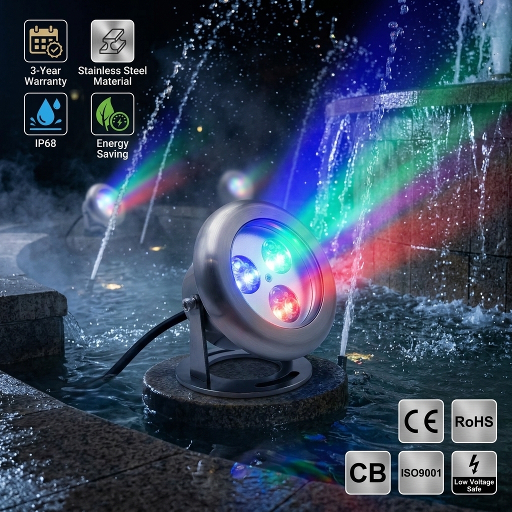 High Luminous Efficacy 12V/24V RGB Warm White Pool Pond Underwater Spot Light IP68 Stainless Steel for Landscape Water Feature